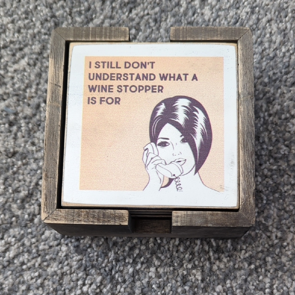 Humorous Coaster Set with Wooden Holder